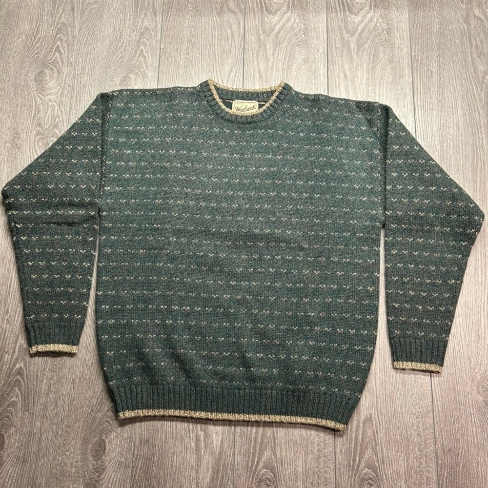 Woolrich Vintage Mens Large Wool Sweater Green Birdseye Knit Crewneck Outdoor
